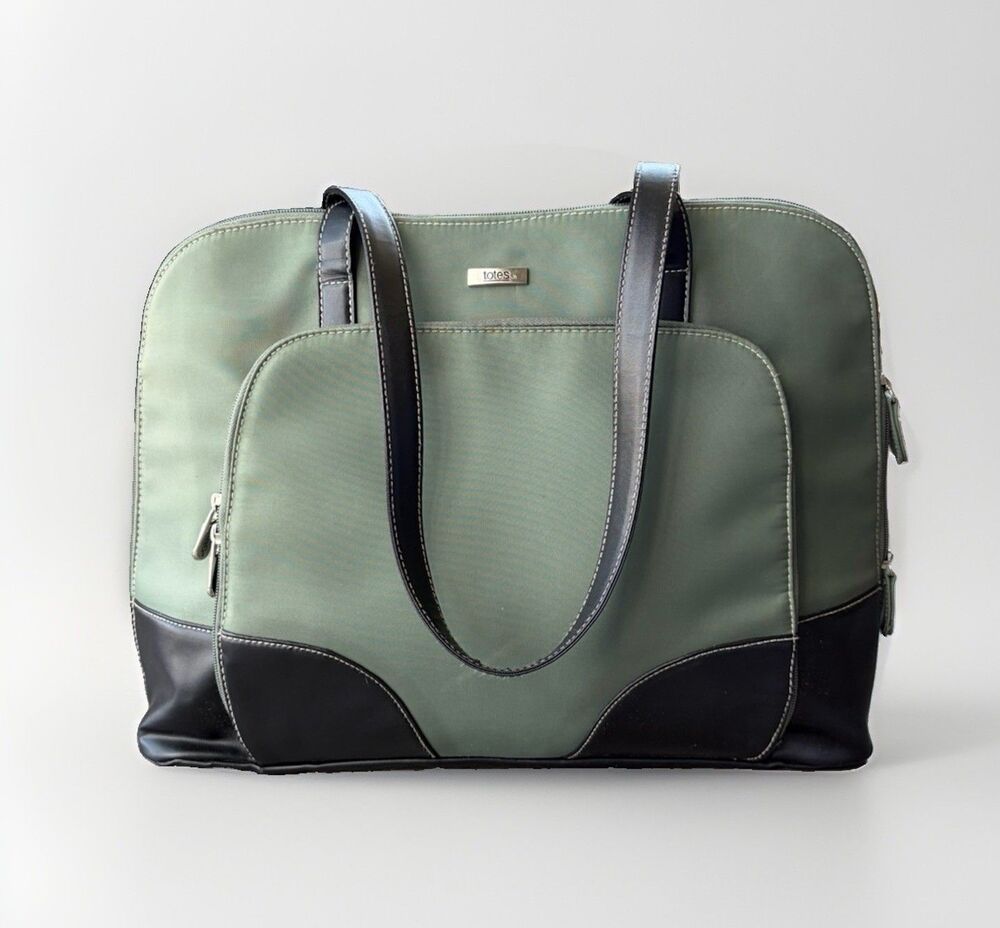 Totes Olive Green Nylon & Black Faux Leather Work Laptop Bag Shoulder Tote 12x17